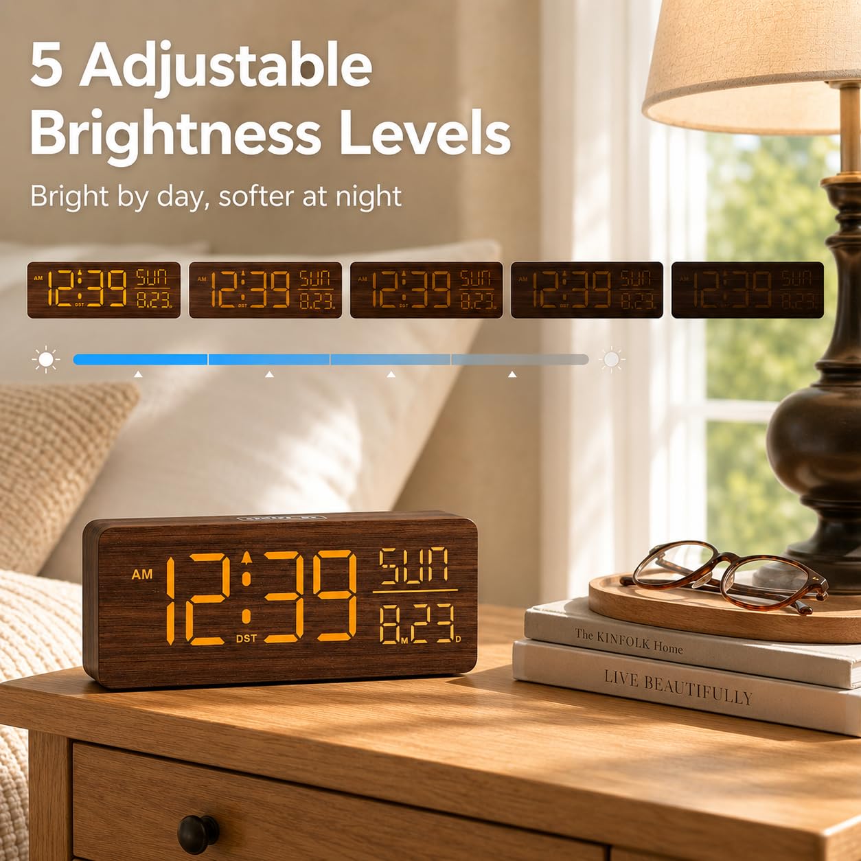 Peakeep Wooden Digital Alarm Clock Large Display, Textured Desk Table Decoration for Bedroom, Living Room, Plug in Clock with Time Date Day, 5 Brightness, Auto DST