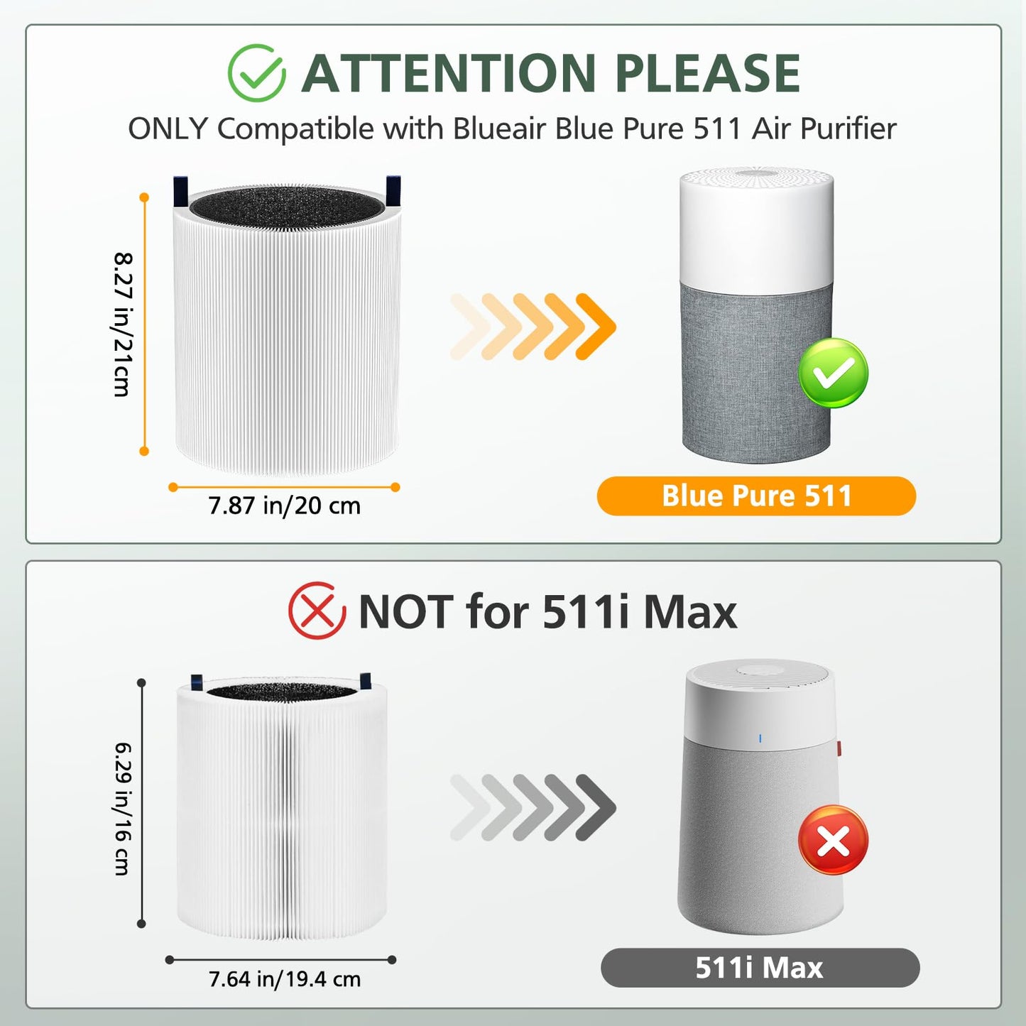 Blue Pure 511 Replacement Filter Compatible with Blueair Blue Pure 511 Air Purifier, 2-in-1 511 HEPA Particle Filter and Activated Carbon Filter, 2 Pack