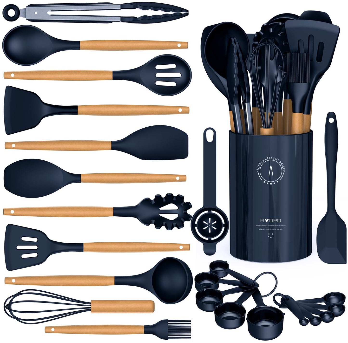 Silicone Cooking Utensils Set - AVGPD Silicone Kitchen Utensils for Cooking Wooden Handles, 446°F Heat Resistant Kitchen Utensil Spatula Sets, Gadgets for Non-Stick Cookware BPA FREE (Navy Blue)