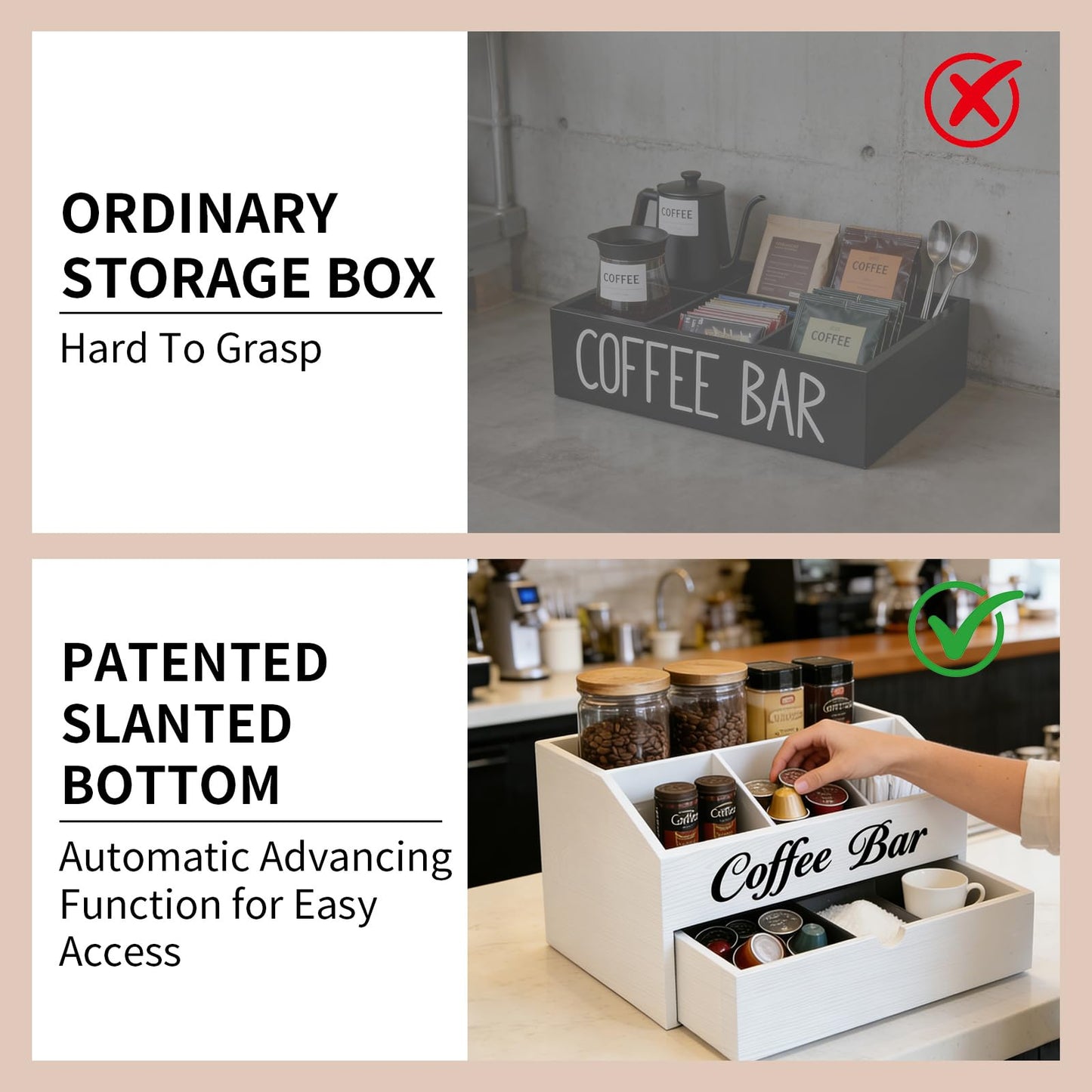 Eastsign Coffee Bar Organizer for Countertop, 2-Tier Wooden Coffee Station Accessories Holder with Dust-Proof Drawer, 5 Storage Compartments for Syrups, Pods, Tea Bags and Cups, White
