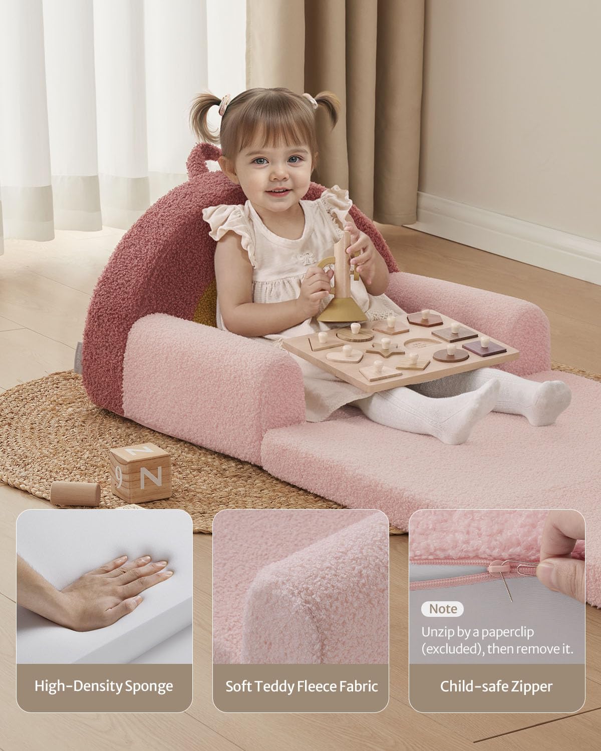 Blissful Diary Foldable Toddler Couch, 2-in-1 Comfy Toddler Chair & Lounger for Reading, Playroom, Kids Couch Sofa for Girls Boys Birthday Gift, Blush Rainbow
