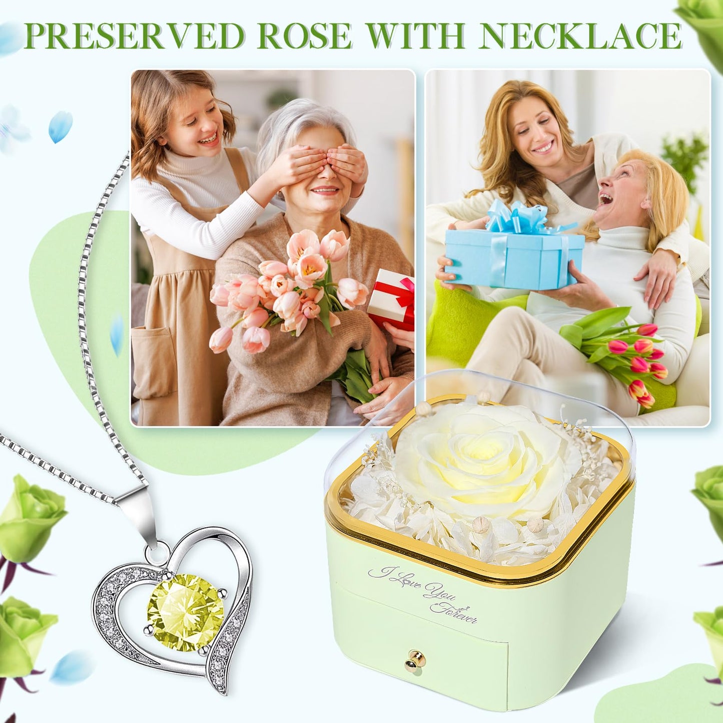 Beferr Mothers Day Forever Rose with Necklace for Mom Birthday Gifts Preserved Roses Eternal Flower for Delivery Fresh Flowers Gifts for Mother Wife Her Grandma Sister Daughter Girls Friends
