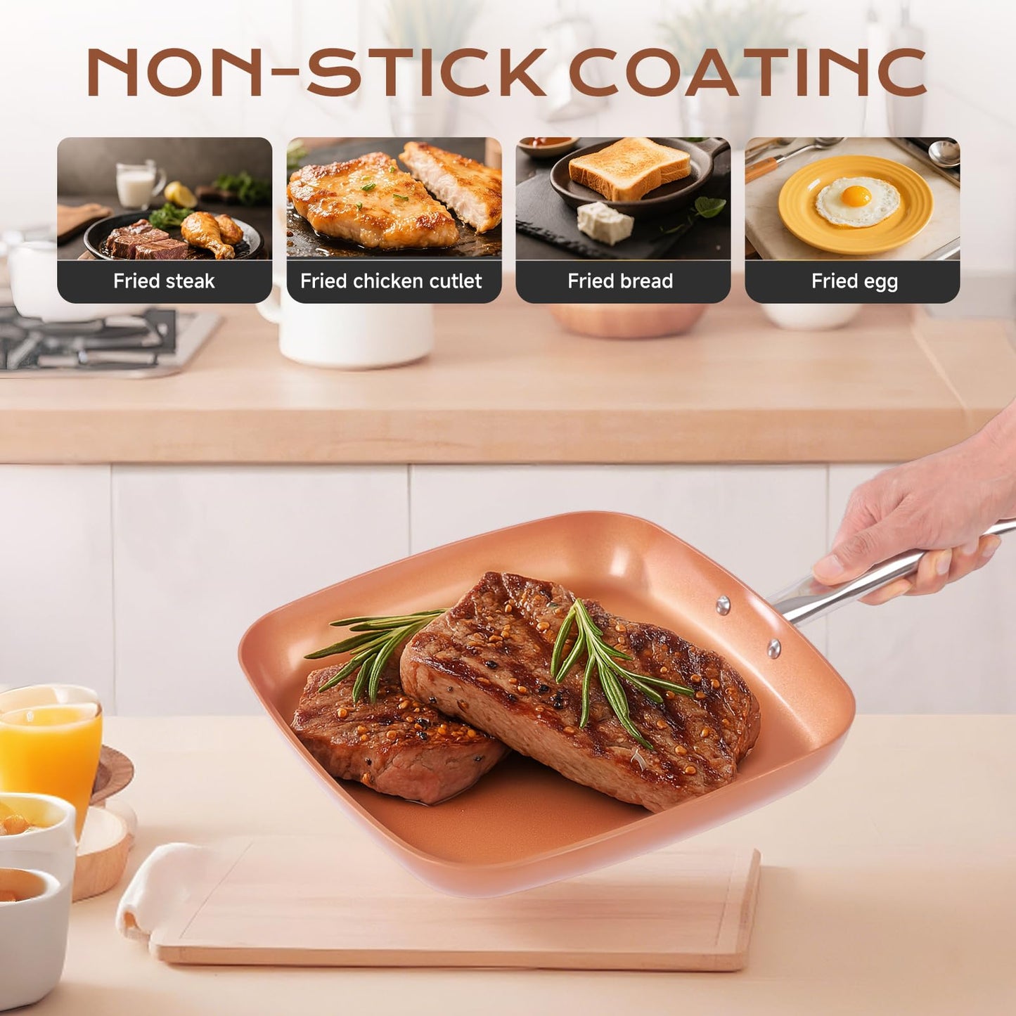 Toutrop Non-Stick Copper Square Frying Pan, 12" Chef Skillet with Ceramic Coating, Oven Dishwasher Safe, PFOA-Free, Home Use for All Stoves