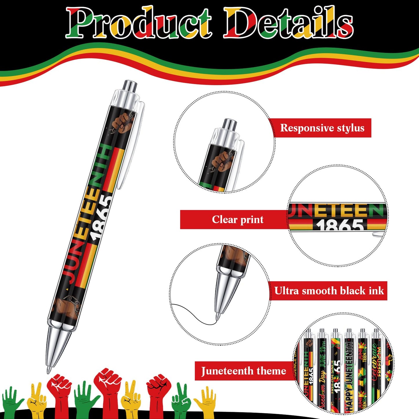 Cholemy 96 Pcs Juneteenth Pens Bulk Retractable Ballpoint Pens Black Ink Party Favors Freedom Day Gift Bag Stuffers Goodie Bag Fillers for Juneteenth Party Celebration June 19th Supplies