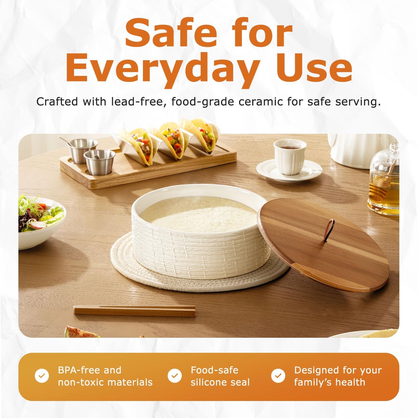 SoulMex Ceramic Tortilla Warmer with Airtight Wooden Lid – 8.8 Inch Tortilla Holder, Insulated Bread Pancake Warmer, Authentic Tortillero for Tortillas, Pancakes, Roti – Large Tortilla Container