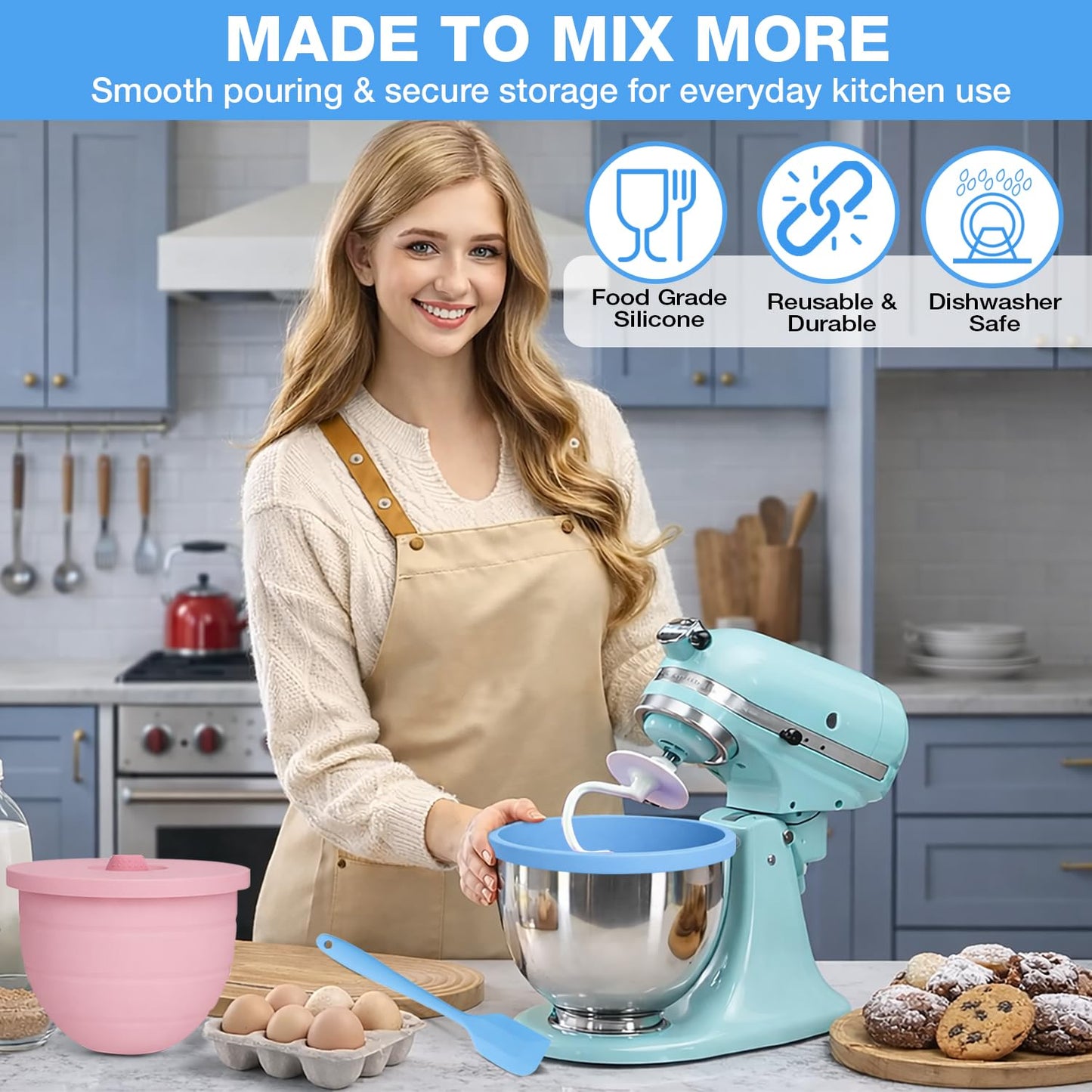 Set of 3 Silicone Bowl Liners for KitchenAid 5 Qt Stand Mixer with Lids, 3mm Thick Non-Stick Silicone Mixer Bowl Insert, BPA Free, Dishwasher Safe Stand Mixer Bowl Liners & Spatula