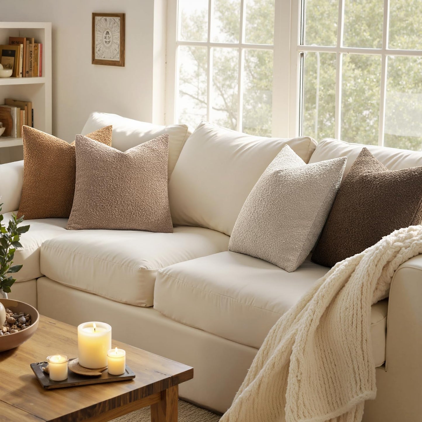 MIULEE Pack of 4 Decorative Textured Boucle Throw Pillow Covers 18x18 Inch Neutral Brown Accent Solid Pillow Cases Couch Cushion Covers for Modern Farmhouse Boho Chair Sofa Bed Room Home Decor