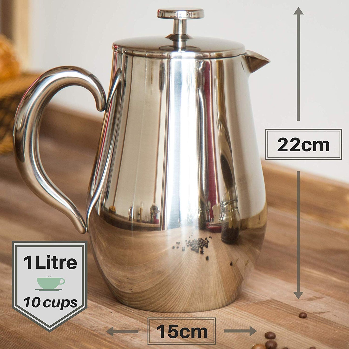 VeoHome - 1 Litre piston coffee maker - Unbreakable and keeps coffee hot for a long time thanks to its double stainless steel shell…