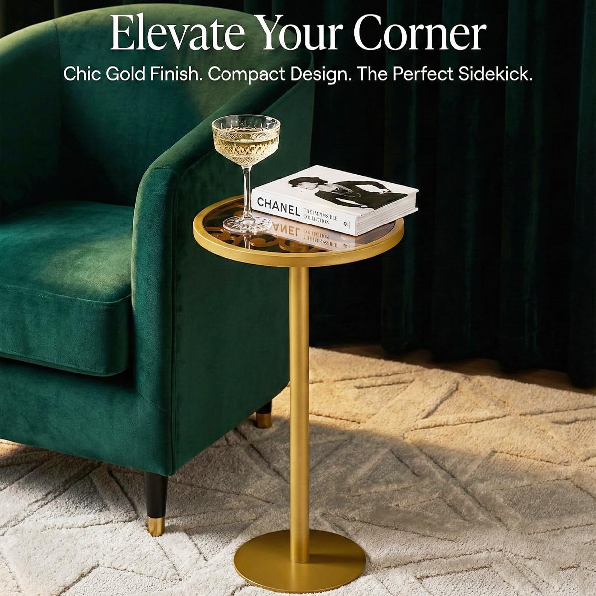 ZEXVIDA Gold Drink Table, Indoor Outdoor Small Round Side Table with Tempered Glass Top & Scroll Design, 24.7" Metal Pedestal End Table for Living Room, Patio, Small Spaces, Weather Resistant