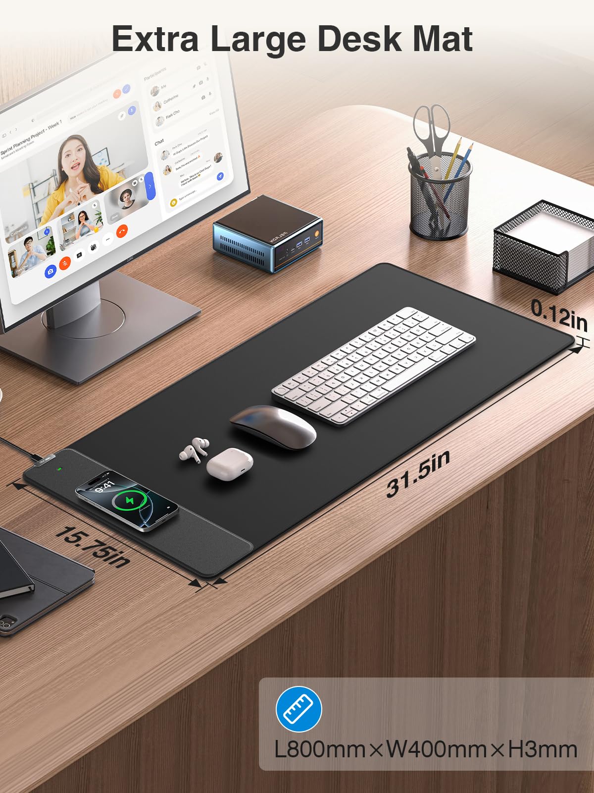 2-in-1 Mouse Pad with Magnetic Wireless Charging for Phone, 31.5"x15.8" Large, Waterproof Smooth Surface, Non-Slip Base, No Adapter, Black