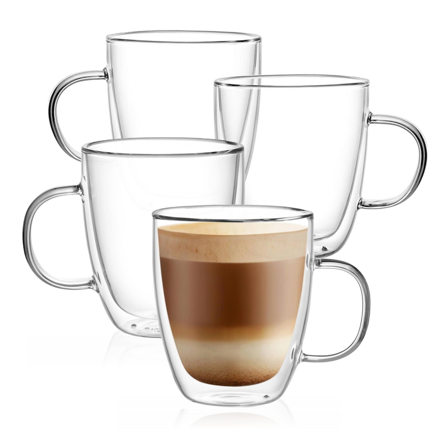 CNGLASS Glass Coffee Mugs 12oz,Double Walled Insulated Cappuccino Mug with Handle,Clear Espresso Cups for Cappuccino,Latte,Tea Bags,Hot and Cold Beverages,Set of 4