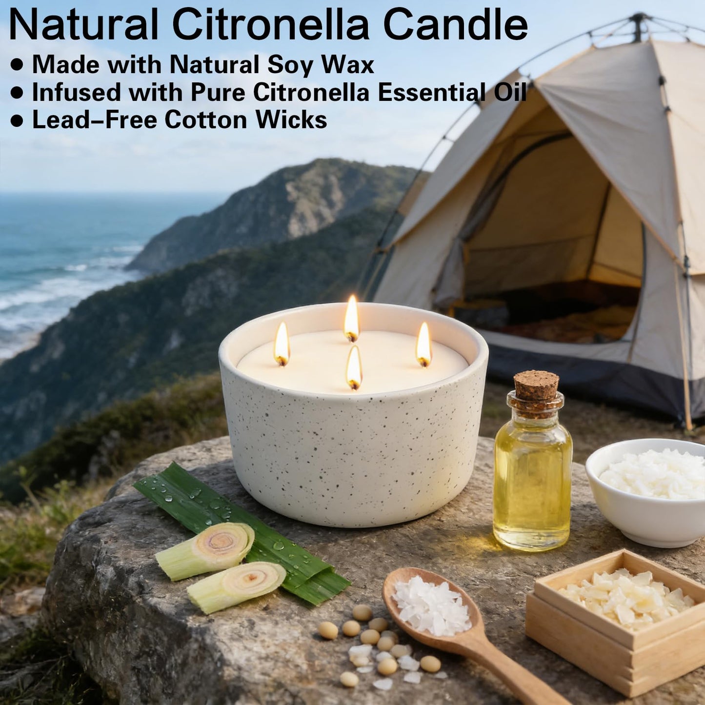 Citronella Candles Outdoor for Patio, 22oz Large 4-Wick Natural Soy Wax Candle, 100-Hour Long Lasting Citronella Oil Candle in Decorative Ceramic Jar for Backyard, Garden, Deck, Summer Nights