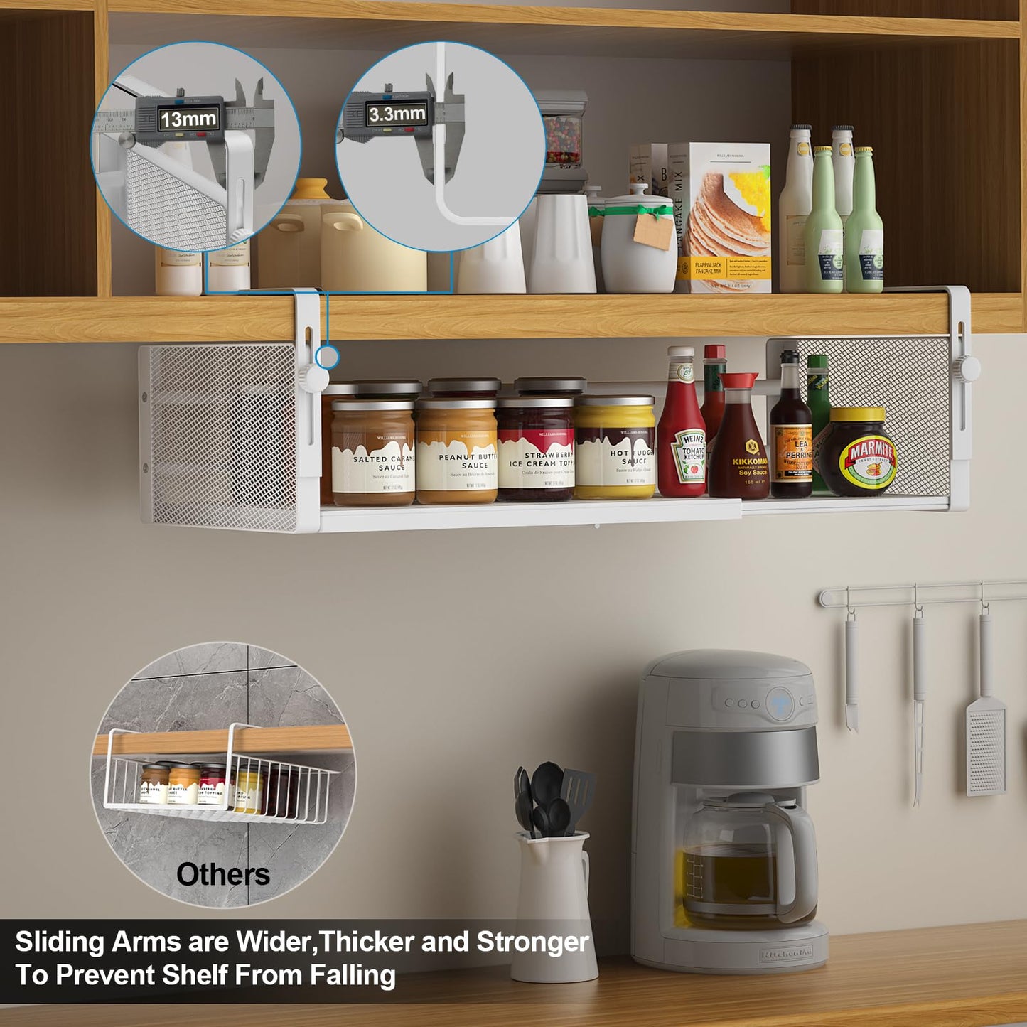 AmonHouseware 2Pack Under Shelf Basket, Adjustable Hanging Under Cabinet Shelf Storage, Hanging Holder Length Stretchable 14.9-22.6Inch for Kitchen Pantry Desk Counter Bookshelf Cupboard (White)