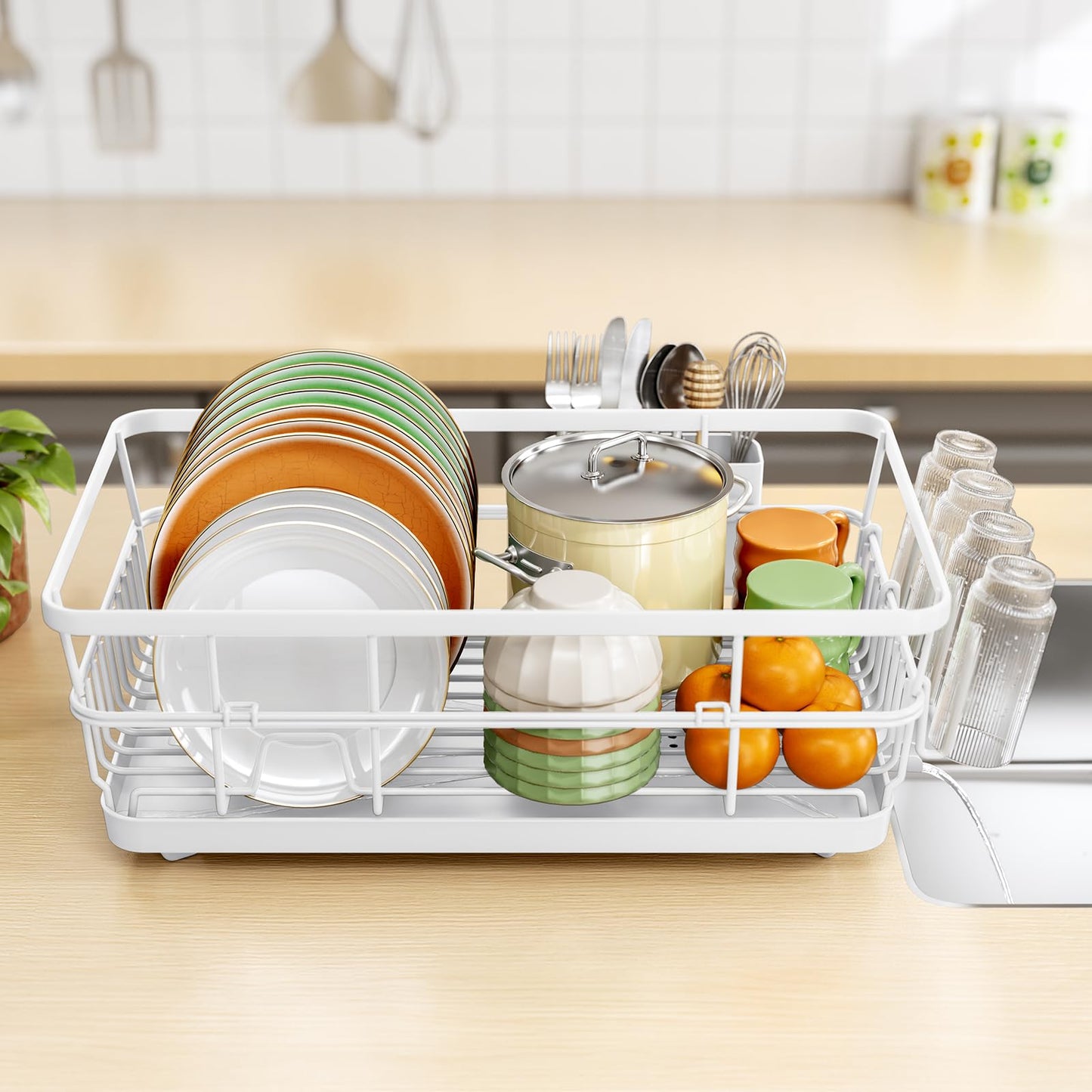 TOOLF Dish Drying Rack, Dish Racks for Kitchen Counter, Stainless Steel Sink Organization and Storage Essentials with Cutlery Holder, Dish Drainer, Home and Appartment Decor, 12.4''W x 16.5''L, White
