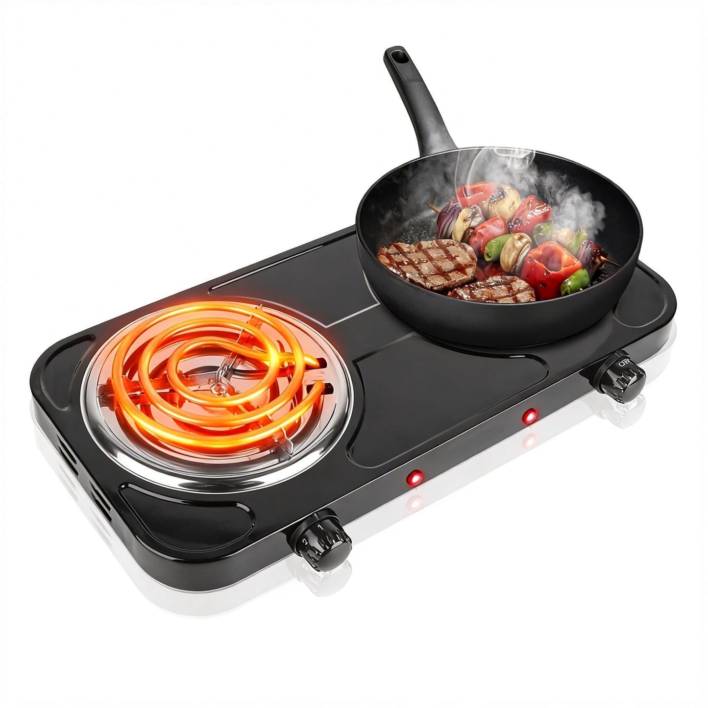 Double Burner Cooktop, 2000W Portable Electric Stove, 5 Level Temperature Control, 6” Heating Coil, Easy to Clean, Power Indicator Lights, Coil Hot Plate for Home Dorm Camping Cooking