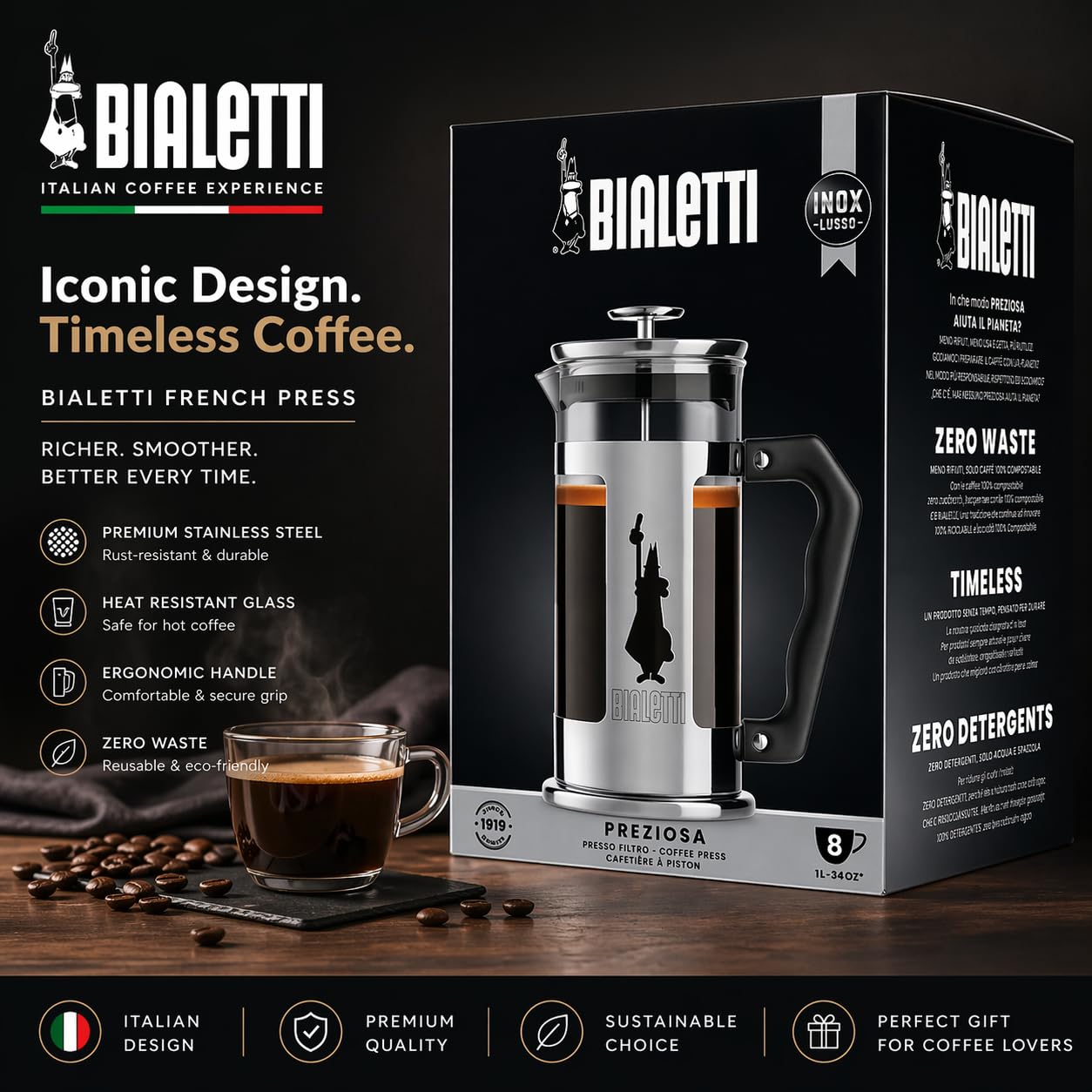 Bialetti Coffeepress French Press Coffee Maker, 8 Cup, Preziosa Stainless Steel (06852)