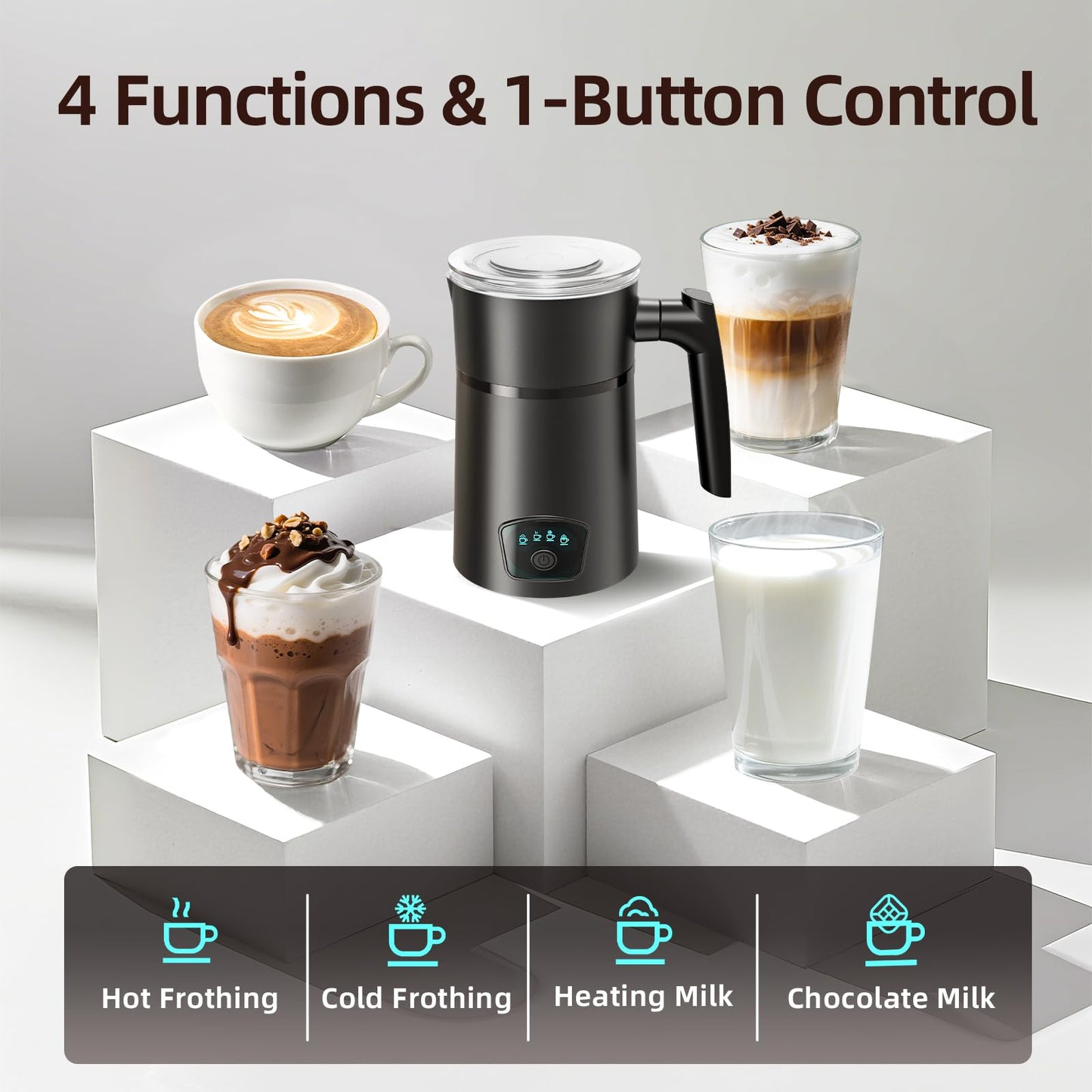 AGORVIO Milk Frother, 4-in-1 Electric Milk Steamer, Warm and Cold Foam Maker, 1 min Fast Frothing, 11.8 oz/350 ml Milk Warmer, Frother for Coffee Latte, Cappuccino, Macchiato, Auto Shut-Off