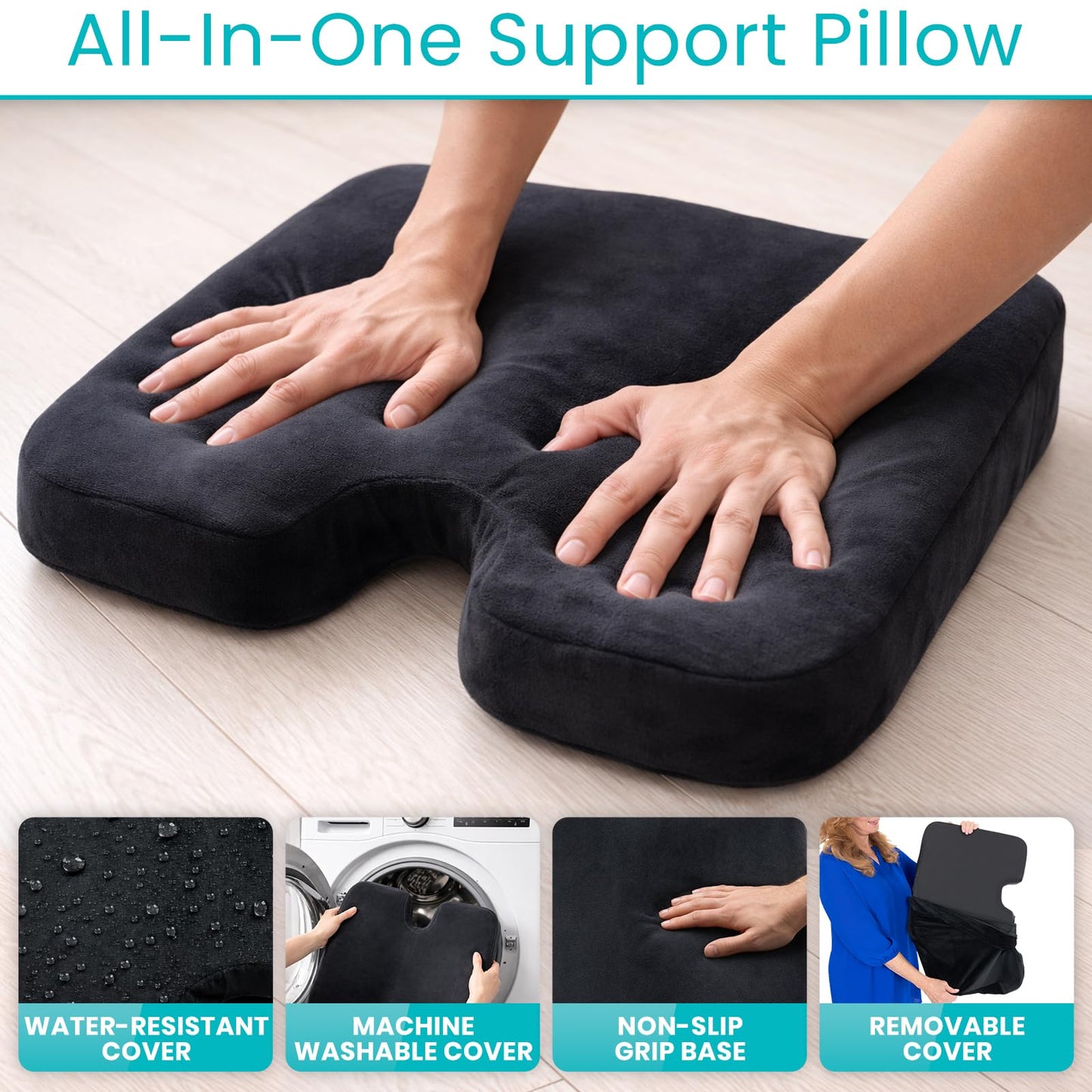 Vive Memory Foam Seat Cushion – Tailbone Pain Relief, Sciatica, Coccyx & Back Support for Office Chair, Car Seat, Wheelchair & Airplane, Water-Resistant Cover, 2-Layer Foam Comfort, Wheelchair (Black)