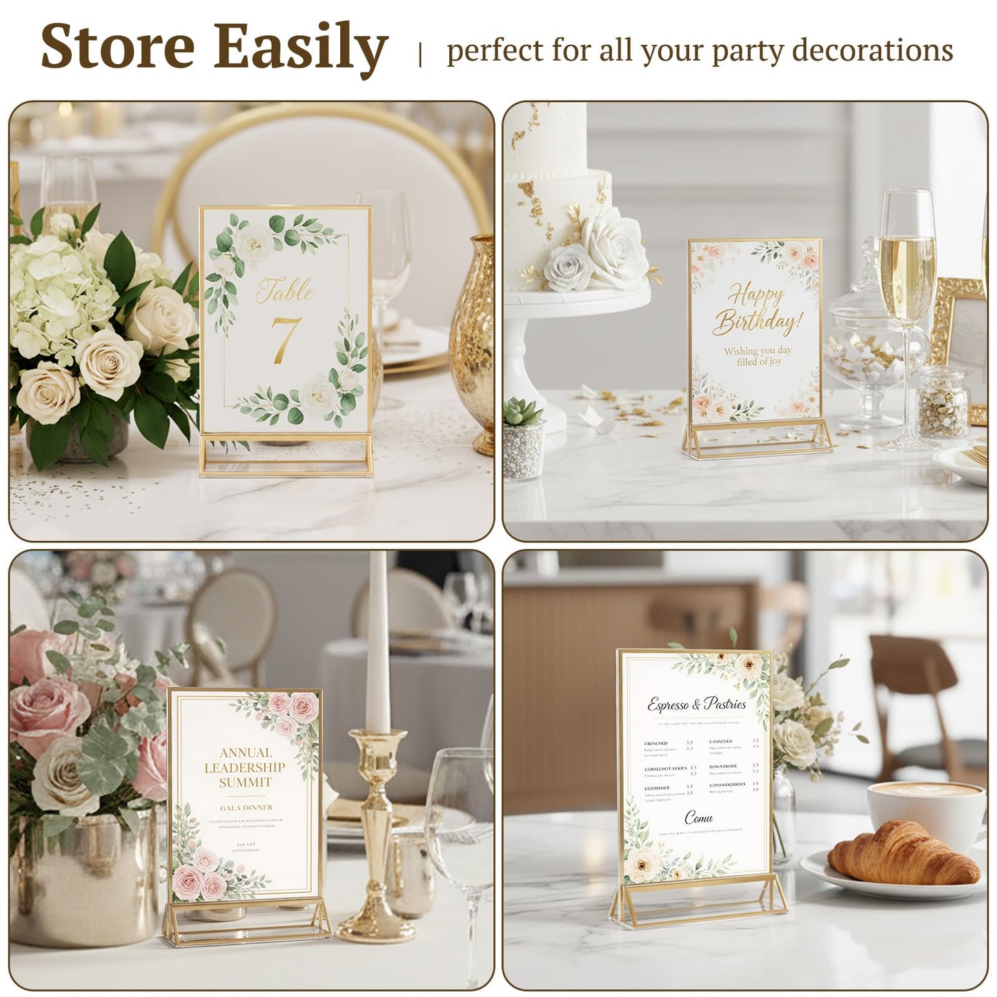 EHWINE 24 Pack Acrylic Sign Holder 4 x 6, Double Sided Gold Picture Frame Stand up Table Top Sign Holders, Clear Display Stand Menu Flyer Holder for Wedding Party