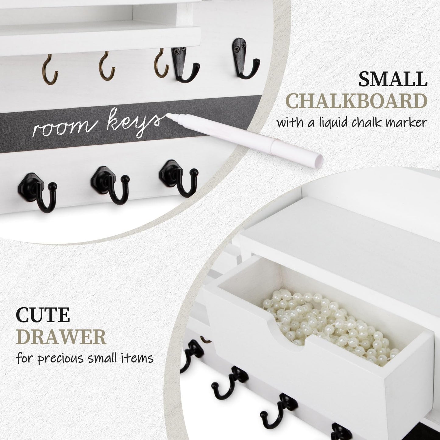 Nekon Key Holder Wall Mount, Rustic Mail and Keys Shelf for Wall Organization with 13 Hooks, Home Decor Accessory with Drawer, White