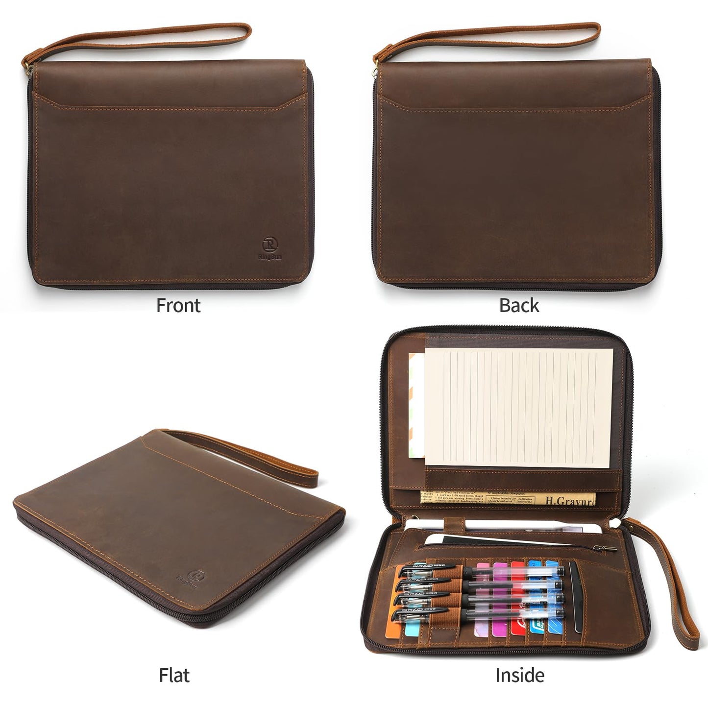 Ringsun Genuine Leather Portfolio with Zipper, Padfolio Portfolio Organizer Folder for Men Women, Professional Business Card Holder for A5 Letter Size Notepad, Resume, Writing Pad, Pen Loop