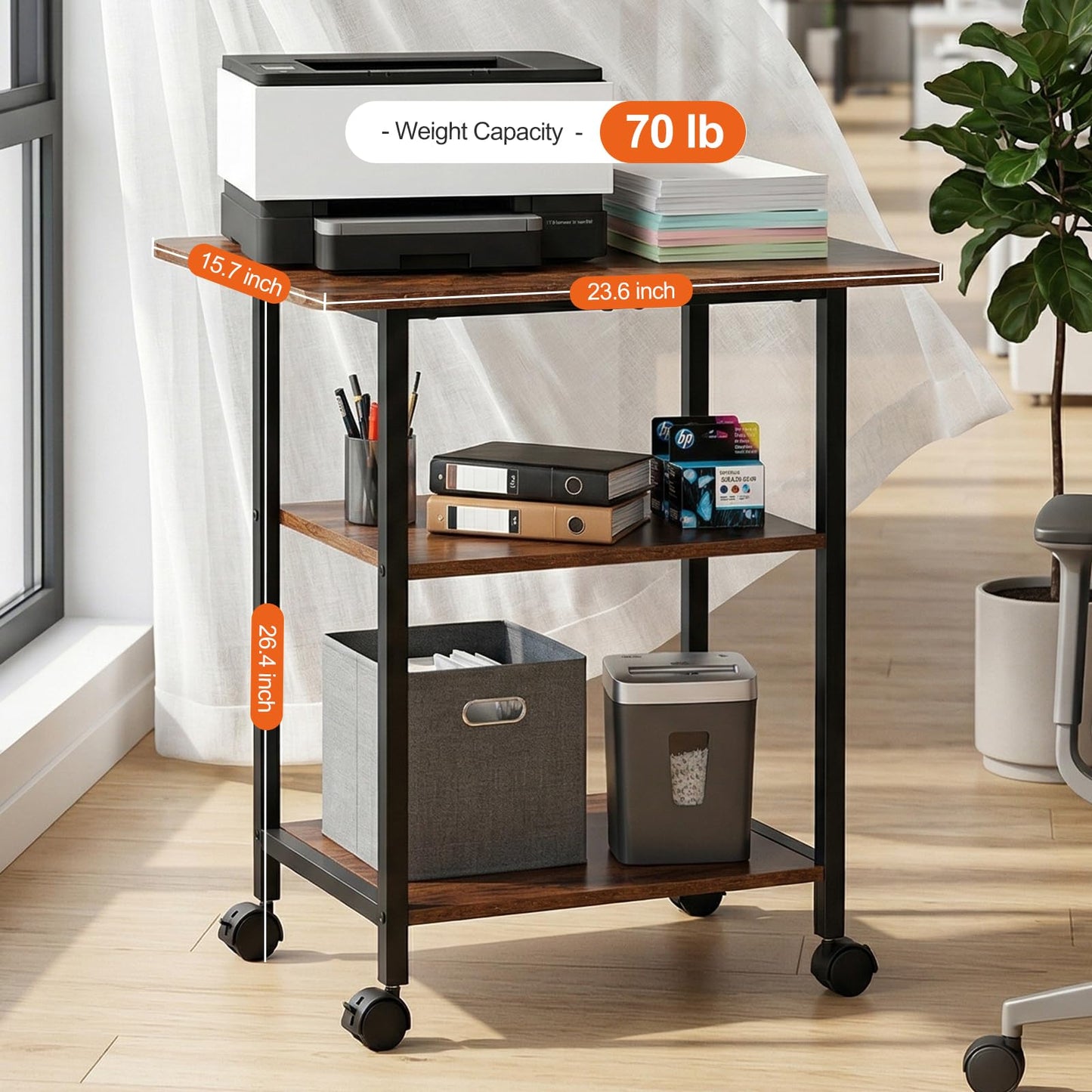 King Oasis 3-Tier Printer Stand with Wheels, Industrial Mobile Printer Cart with Storage Shelf for Home Office Organization, 3D Printer, Side Table for Living Room, Bedroom, Rustic Brown