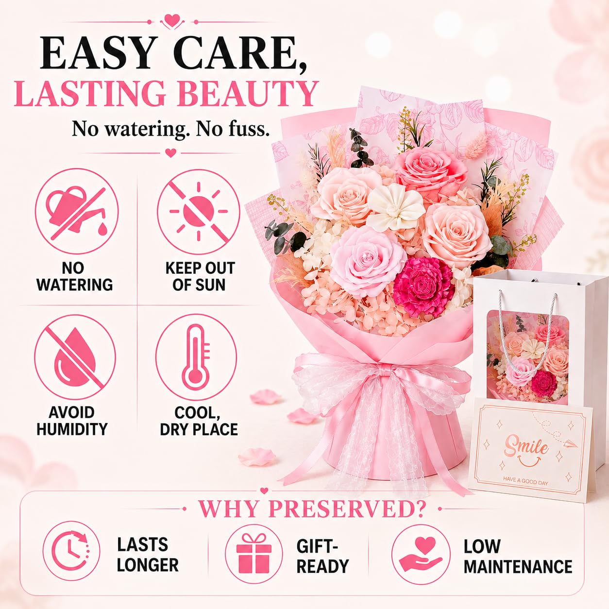 Pink Preserved Flowers Bouquet, Eternal Real Flower for Women Real Roses That Last 3 Years Handmade Floral Arrangement for Mother's Day Birthday Gifts Anniversary Surprise for Mom Women Her