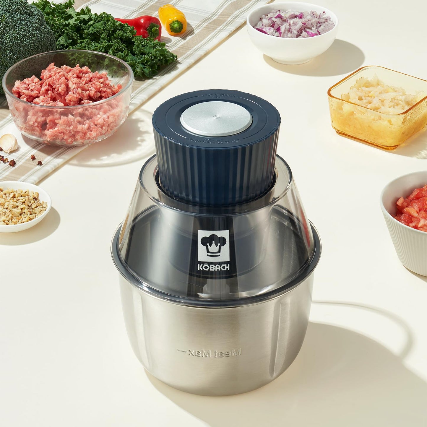 KOBACH Electric Food Processor & Meat Grinder – 1.9 Qt Food Chopper with Pure Copper Motor, Dual-Layer Blades, Procesador de Alimentos Electrico