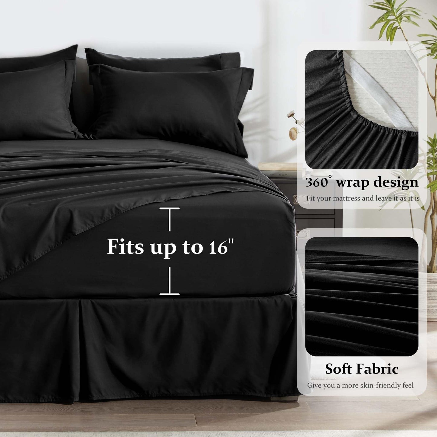 Newspin Queen Comforter Set Black - Bed in a Bag Queen Size 8 Pieces, All Season Bed Set, Fluffy Comforter Set with Sheets, Sheet Set Quilt Blanket, Pillowcases & Shams & Bed Skirt
