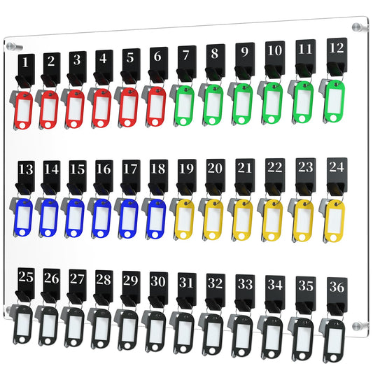 36 Hooks Acrylic Key Board with Numbers, Wall Mount Key Holder Rack with 36 Tags, Key Storage Organization, Clear Hanging Board for Garage, Car Dealer, Office, Home, Hotel, Real Estate, School