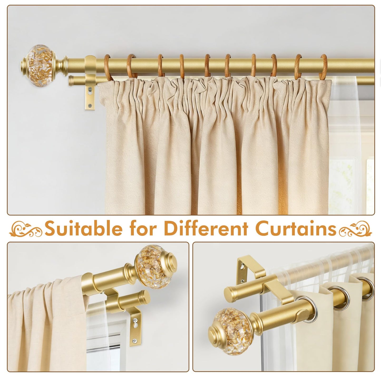 1 Inch Luxury Gold Double Curtain Rods for Windows 66 to 120 Inches(5.5-10ft), USFOOK Adjustable Heavy Duty Drapery Rods, Telescoping Dual Curtain Rod with Translucent Finials, Wall Mounted
