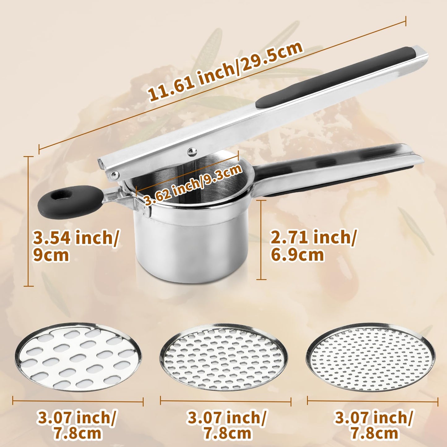 Roryimke 15oz Potato Ricer Heavy Duty Stainless Steel 3 Interchangeable Discs Potato Masher Spaetzle Maker with Silicone Handle Potato Press Kitchen Tool Ricer for Mashed Potatoes for Kitchen