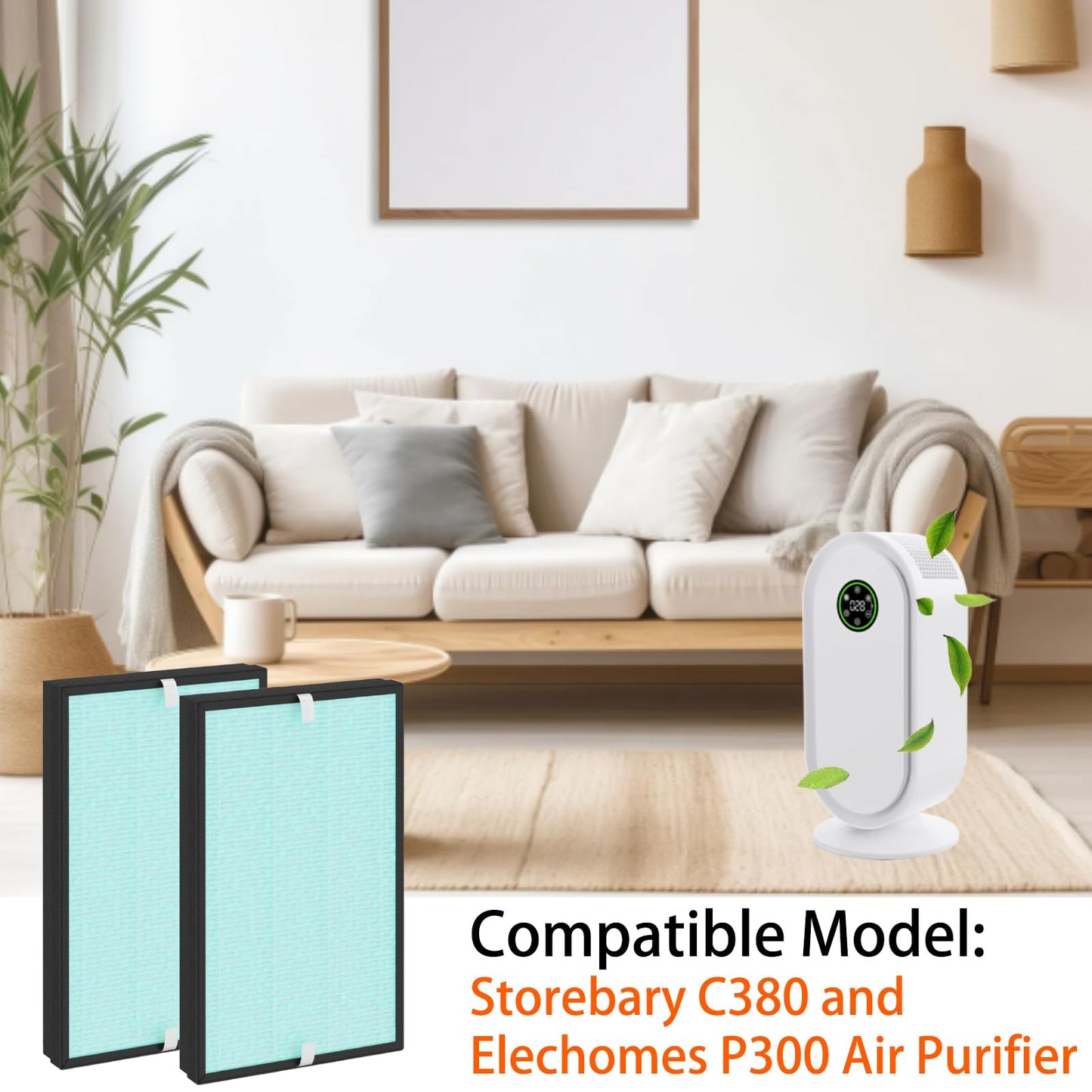 2 Pack C380 Replacement Filter for Storebary and Elechomes P300 Air Purifier, 3-IN-1, H13 True HEPA with High-Efficiency Activated Carbon and Pre-filter, Model C380-RF
