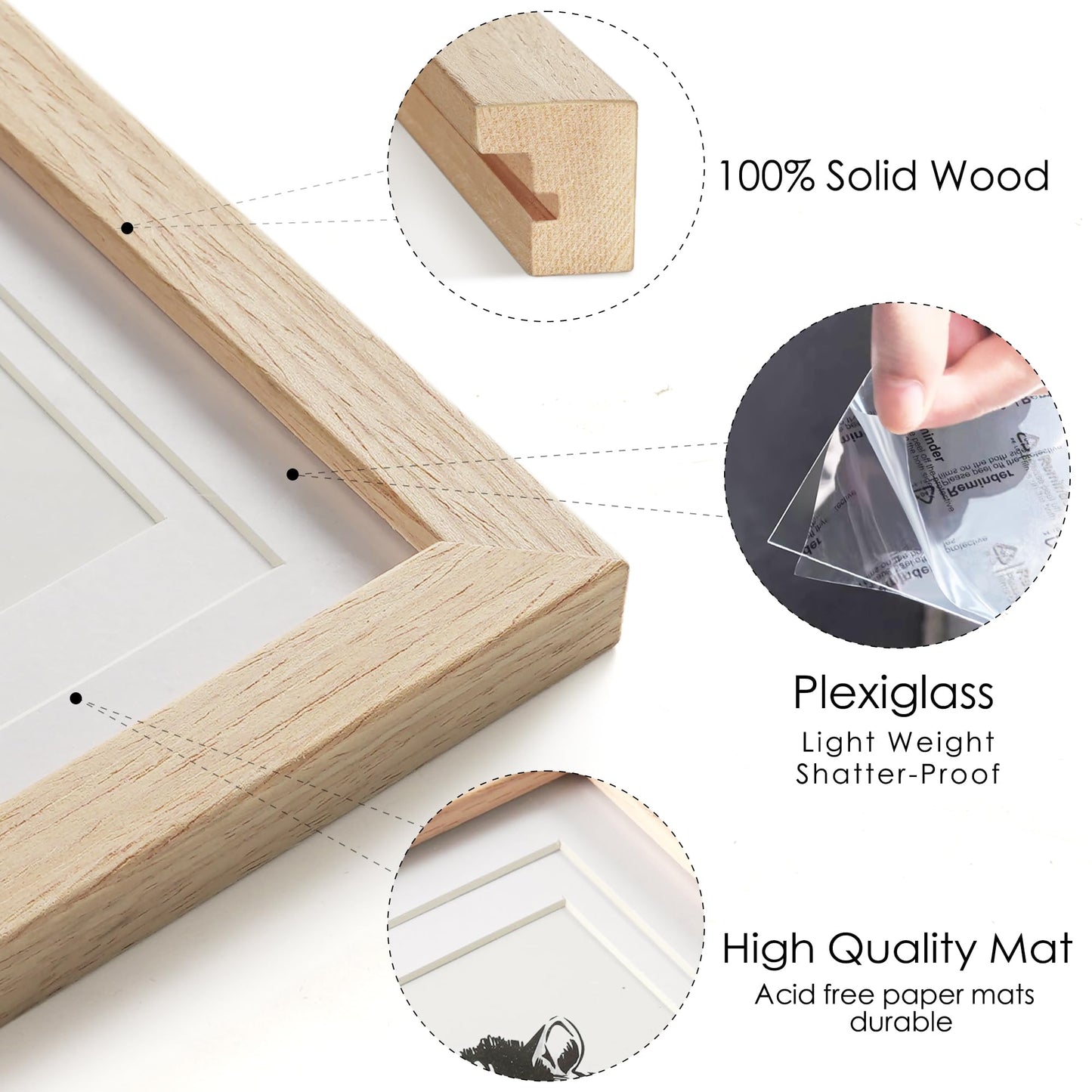 Decobility 16x20 Picture Frames Matted for 11x14 and 12x16 Picture, Set of 3 Solid Wood Picture Frame with Plexiglass, Wall Gallery Frame Set for Tabletop or Wall Mounting Display (3 Pack of Oak)