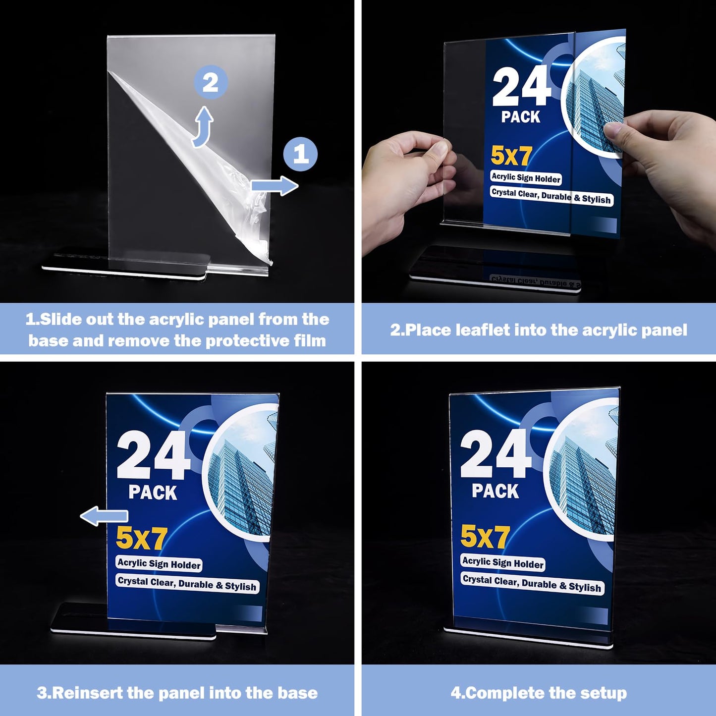Succwoah Acrylic Sign Holder 5 x 7, 24 Pack Clear Double-Sided Acrylic Display Stand for Vertical Tabletop Use, Perfect for Menus, Flyers, and Paper in Restaurants, Hotels, Office