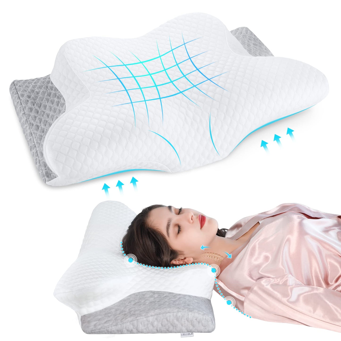 Misiki Cervical Neck Pillow for Pain Relief, Butterfly Contour Memory Foam Pillow for Side Back Sleepers, Ergonomic Bed Pillow with Washable Cover for Shoulder Support, 24x15 Inch
