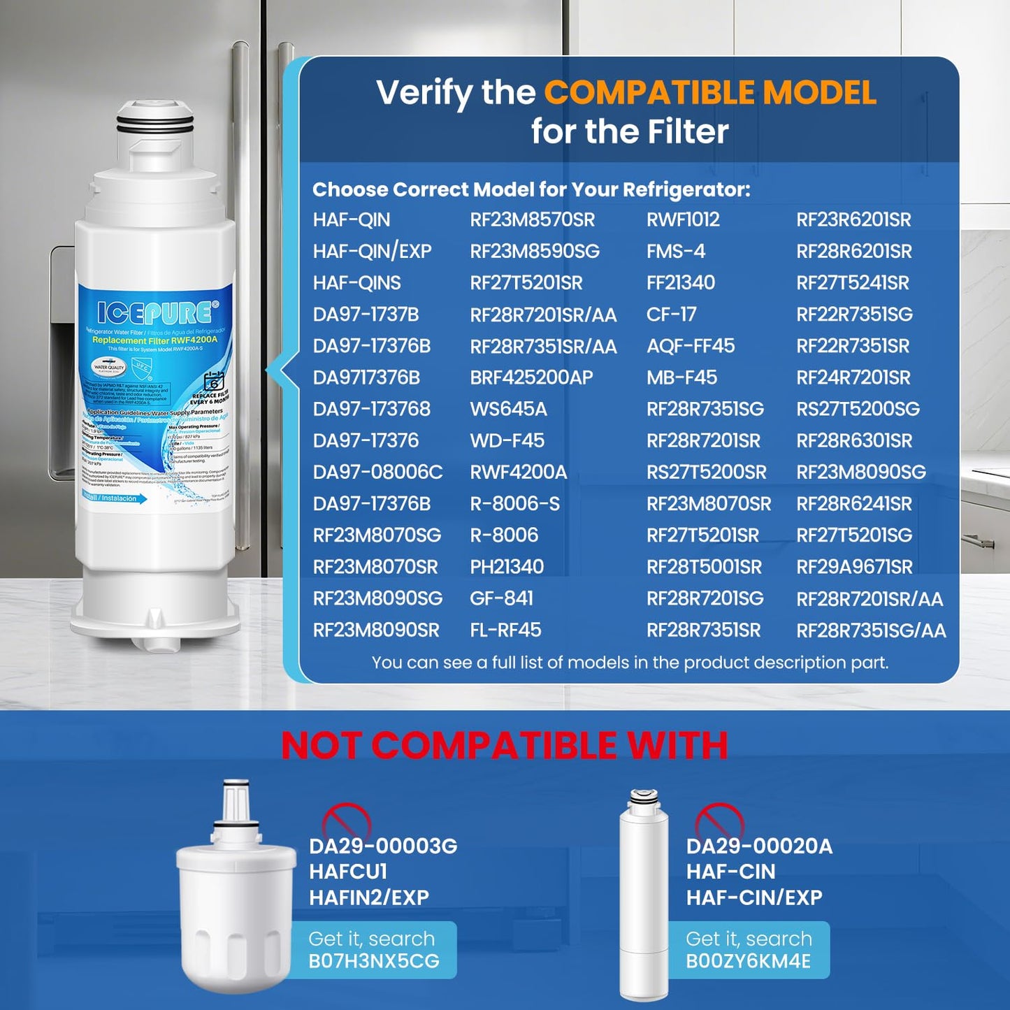 ICEPURE DA97-17376B Refrigerator Water Filter Replacement for DA97-08006C, HAF-QIN, HAF-QIN/EXP, RF23M8070SG, RF23M8070SR, RF23M8090SG, RF23M8090SR,RF23M8570SR, RF23M8590SG, BRF425200AP, 4PACK