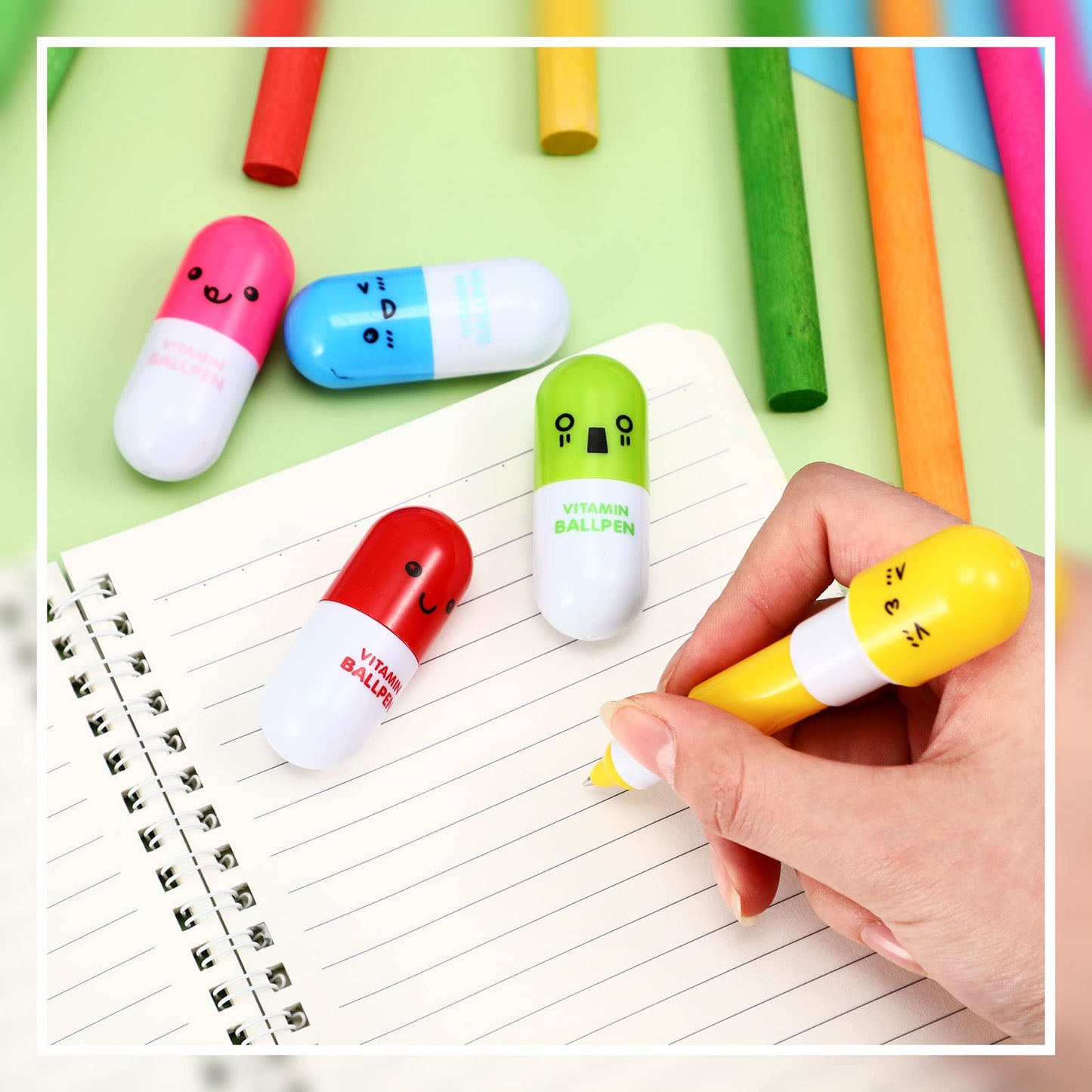 Lincia 200 Pcs Pen Pills Bulk Pharmacy Gifts Ballpoint Pen Cute Cartoon Emotion Ball Novelty Face Retractable for Nurse Week School Doctor, 6 Colors