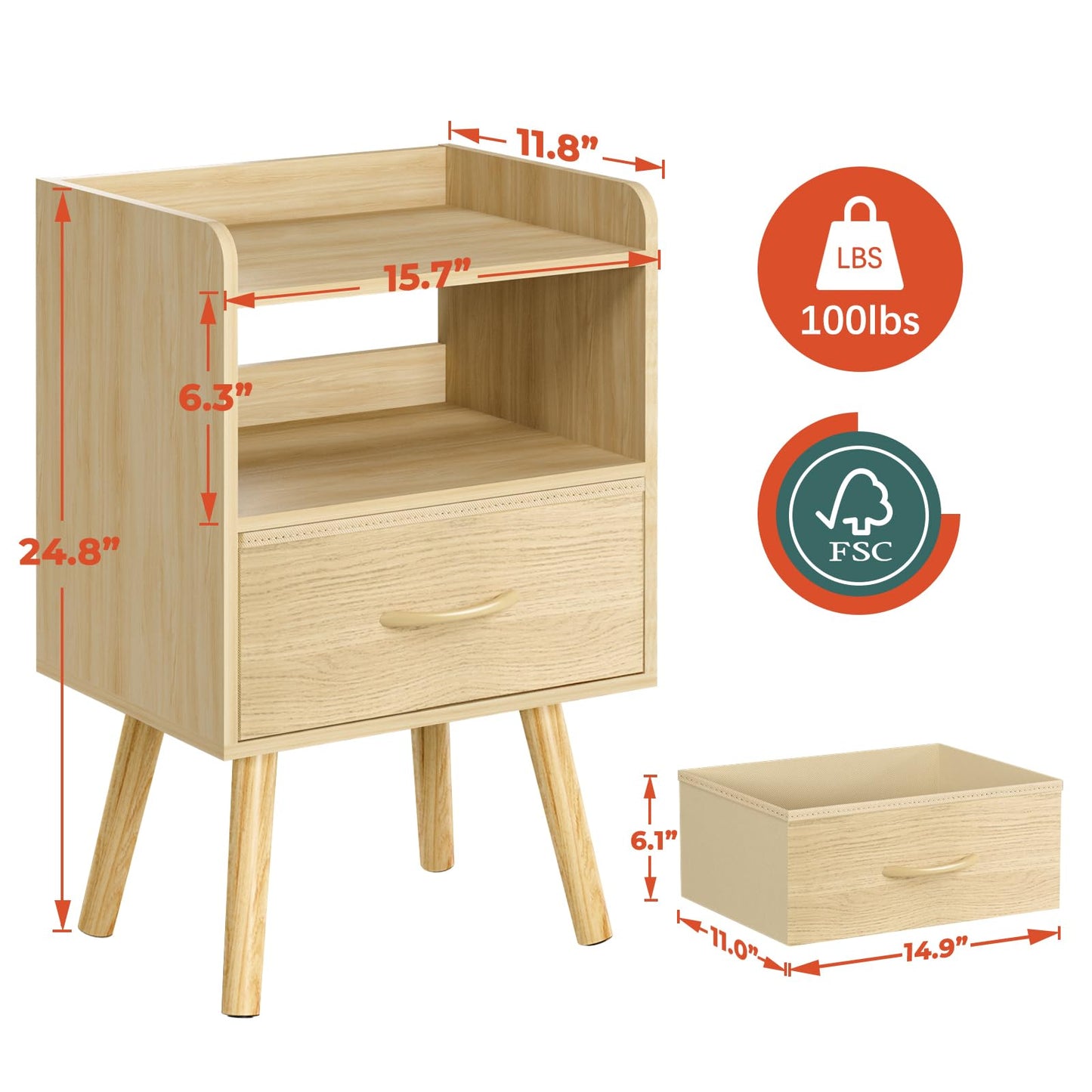 Yoobure Modern Nightstand with Fabric Drawer, Bedside Tables, Mid Century Nightstand with Open Storage Shelf, Wood Bedside Table, Small Night Stands for Bedrooms, 2-Tier Night Table
