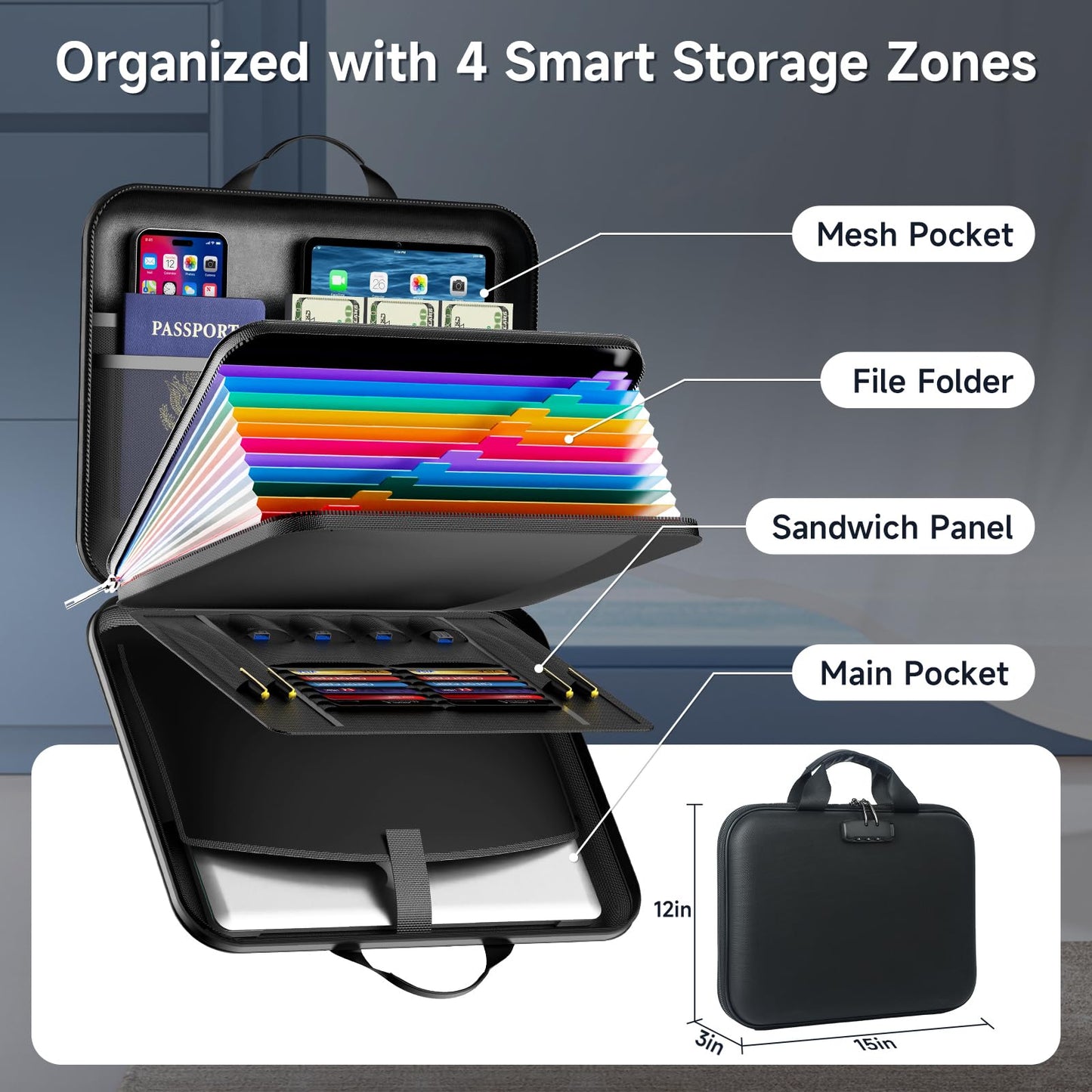 AOTRUTII Fireproof Document Box with Lock, Waterproof Hard-Shell File Organizer with 13-Pocket Accordion Folder & Multi-Compartments for Laptop, Documents, Passports & Valuables