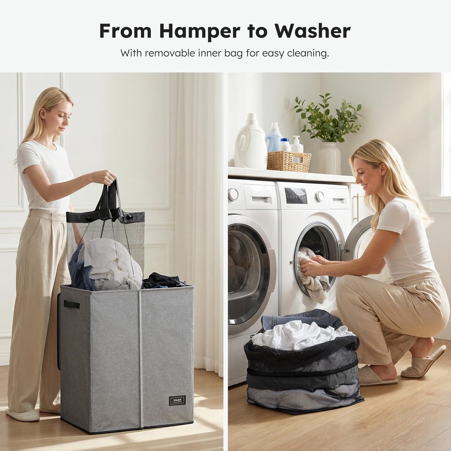 SOLEDI Double Laundry Basket with Lid and Removable bag, Large Laundry Hamper 2 Section with handles, Collapsible Dirty Clothes Hampers for Laundry, Bedroom, Dorm, College