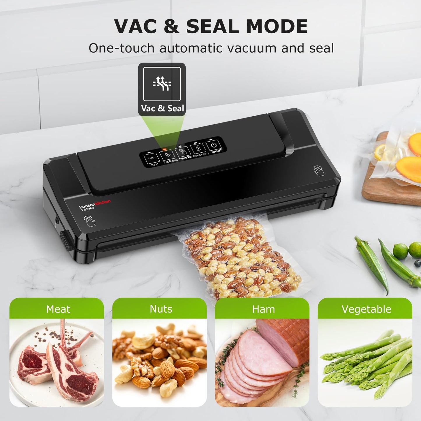 Bonsenkitchen Vacuum Sealer Machine | Compact Food Sealer for Kitchen Storage & Meal Prep | Multiple Modes | External Vacuum System | 5 Bags, Black