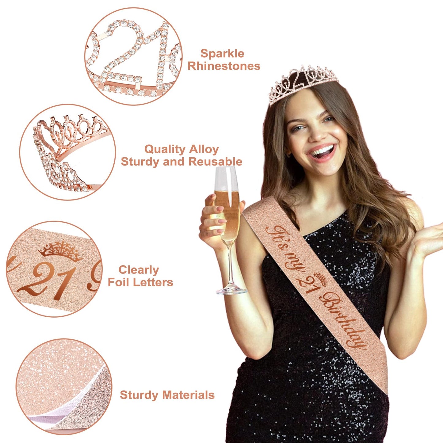 21st Birthday Decorations for Her, Rose Gold Happy 21st Birthday Decorations for Girls, 21 Sash and Crown, Banner, Fringe Curtains, Hanging Paper Fans, 21 Year Old Party Supplies Set