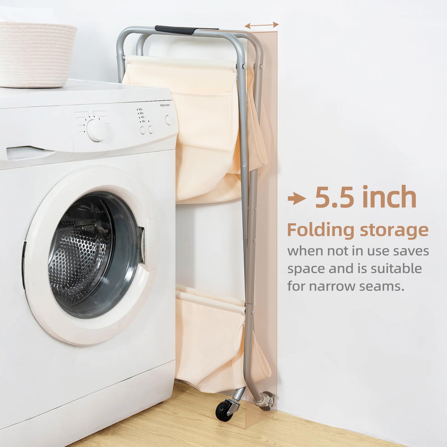 STORAGE MANIAC Collapsible Laundry Cart with Wheels 31.5"H Rolling Laundry Hamper Clothes Basket with Wheels, Canvas Liner Sturdy Steel Frame Folding for Small Narrow Space Easy Storage, Beige