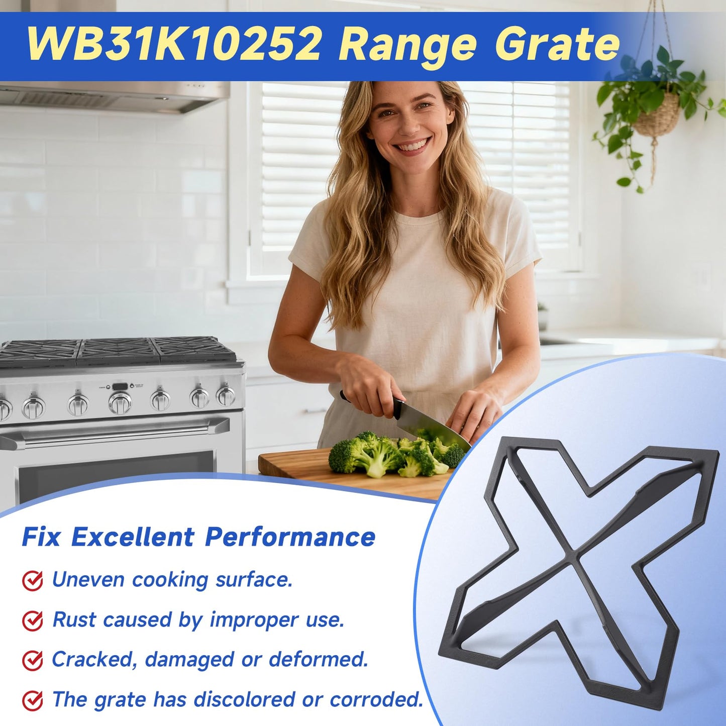 WB31K10252 Range Burner Grate Compatible with GE Range Grate Replacement ZDP366NP1SS ZGP364NDR1SS ZDP364NRP1SS ZDP486NDP1SS ZDP364LDP1SS, Replace WB31K10224 PD00039352 2134475 AP5325819 PS3503825