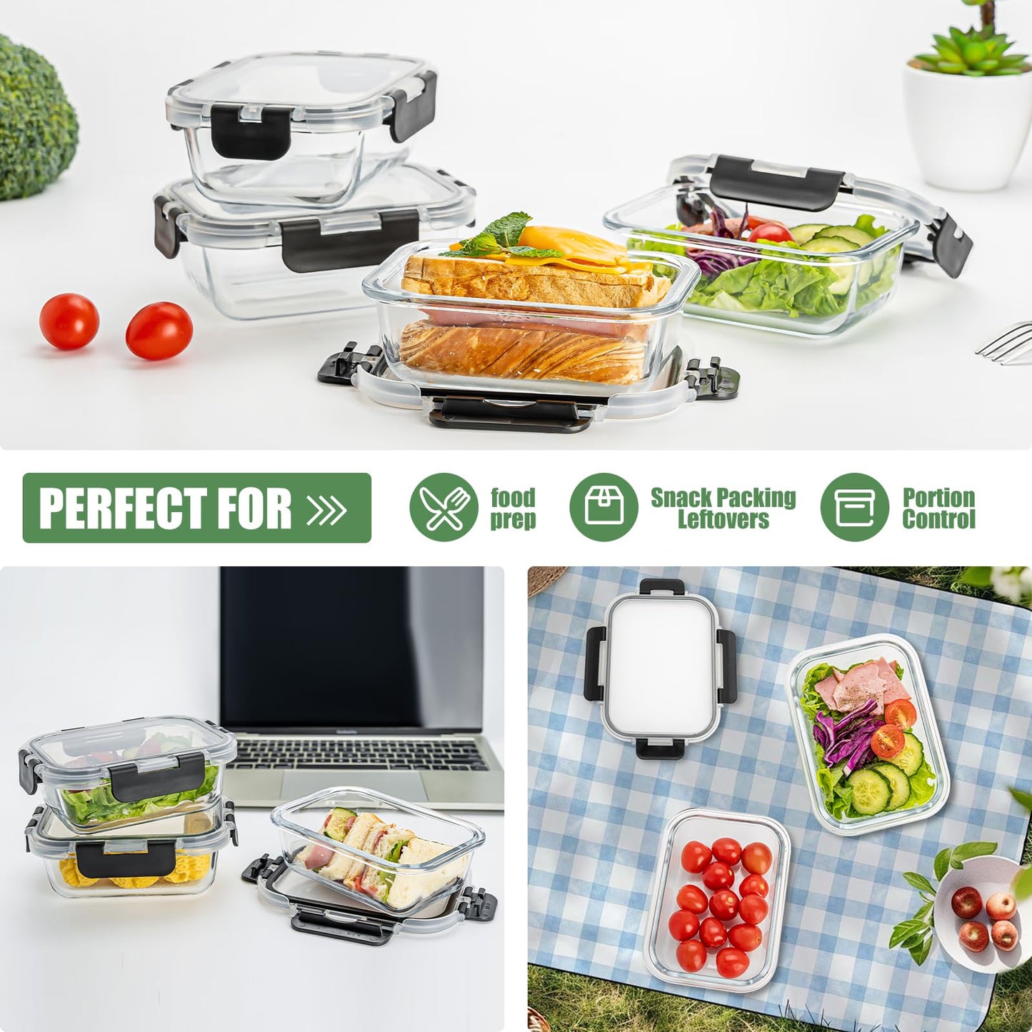 Hoenjuno Glass Food Storage Containers with Lids Set of 6, 22 OZ Glass Meal Prep Containers for Lunch, Microwave, Oven, Freezer & Dishwasher Safe, BPA-Free