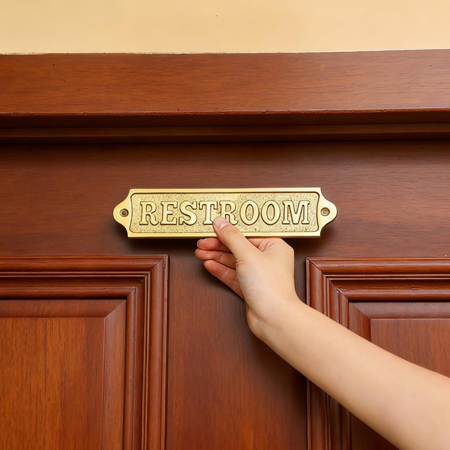 AceOrbit 8.5 x 2 Inch Restroom Sign Solid Brass Metal Door Sign with Mounting Hardware Antique Finish Easy DIY Installation Home Decor for Gents, Ladies, Office, Laundry, Restroom, Pull, Parking