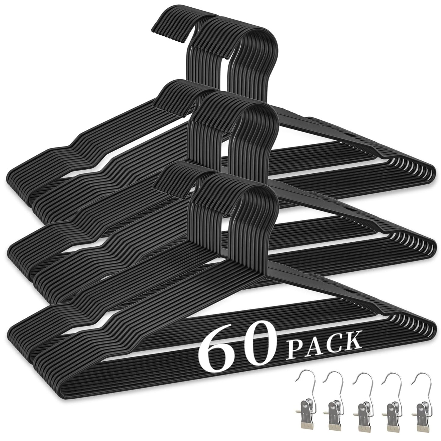 60Pack Metal Wire Hangers+5 Clothes Pins, 16.5" Wire Clothes Hangers for Standard Sized Shirt, Suits, Jackets, Skirts, Ultra Thin Space Saving, Bulk for Home and Commercial