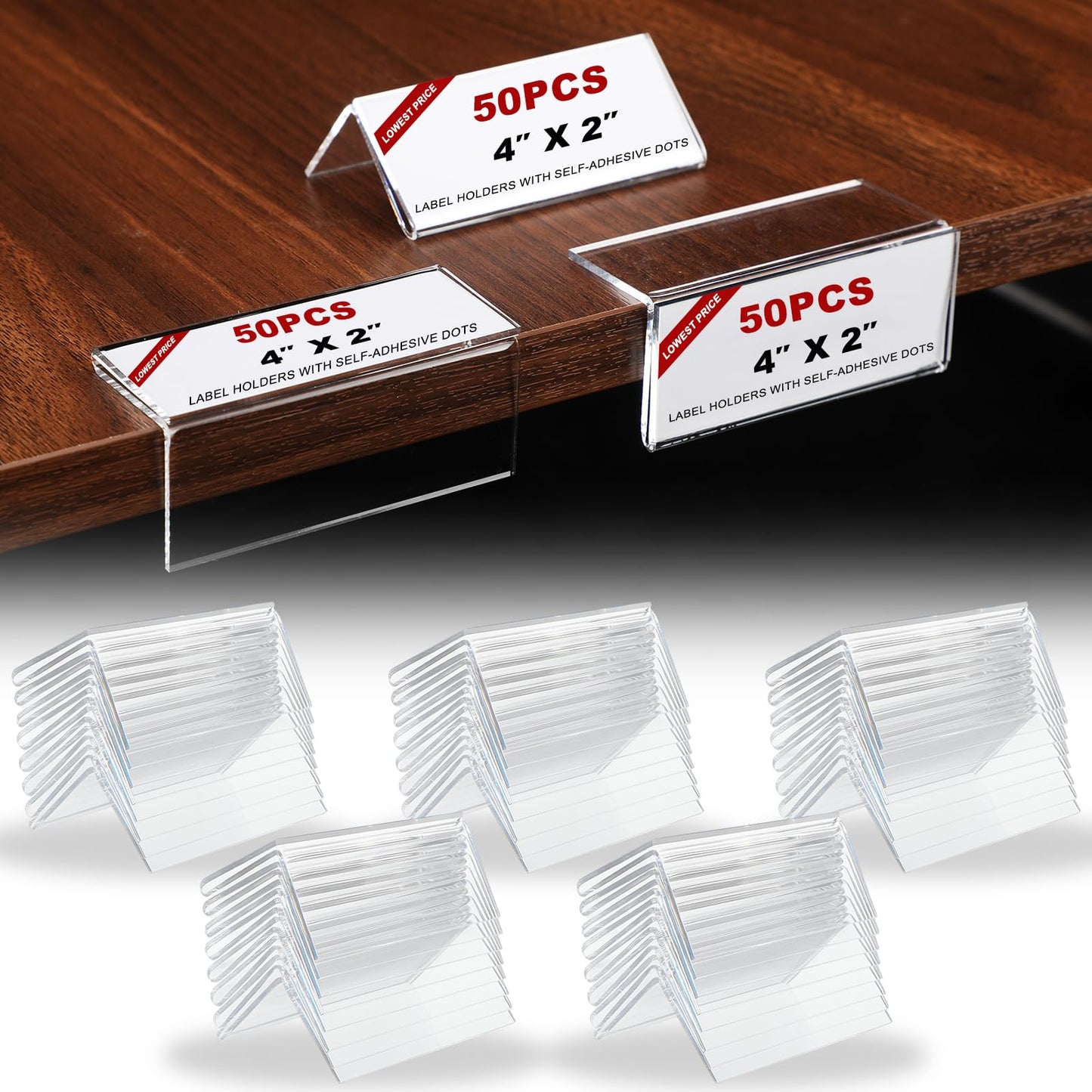 Thyle 50 Pcs Acrylic Rigid Shelf Label Holders for Library Supplies Shelf Labels with Dots Clear Desk Name Plate Store Bakeries Shelves Display Markers (2 x 4 Inch)