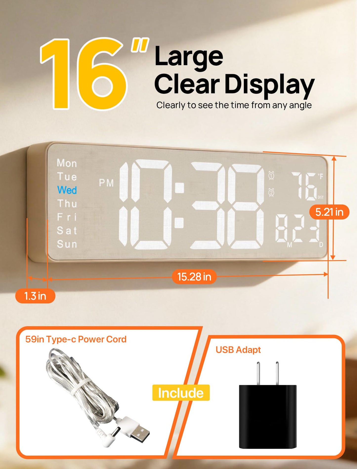 MASHI 2026 Upgrade Digital Wall Clock, 16" Large Display Digital Clock with Remote Control, Auto-Dimming Wall Clock with Night Light, DST, Date Week,Temp for Living Room, Gift for Elderly (Beige)